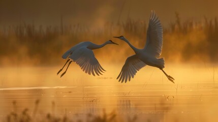 Naklejka premium Two sandhill cranes flying low over a marsh at sunset with golden light and tall grasses in the background.