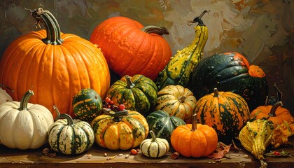 Abundant Autumn Harvest - A Colorful Display of Pumpkins and Gourds.