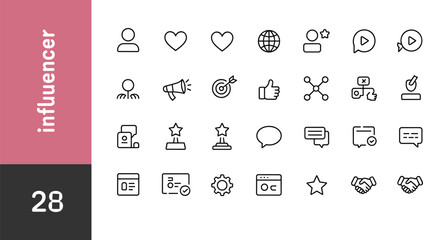 influencer, icons, social, media, marketing, engagement, communication, chat, approval, person, heart, star, globe, play, signal, megaphone, thumbs-up, webpage, settings, handshake
