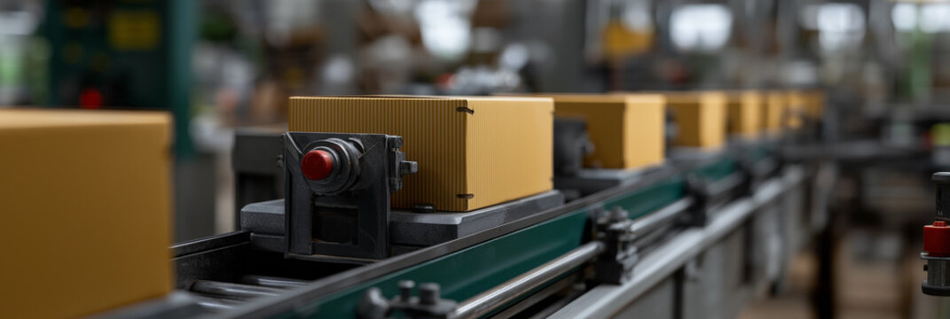 A professional view of boxes moving along a production line in a factory setting, showcasing efficiency and technology in the manufacturing process of modern industry.