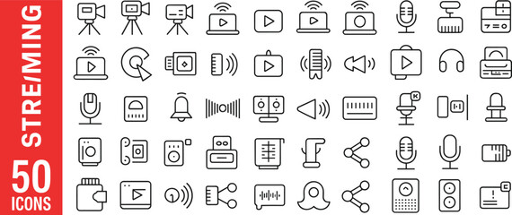 streaming, icons, media, video, audio, microphone, camera, headphones, speaker, Wi-Fi, technology, broadcast, online, digital, sound, interface, communication, minimal, outline, set