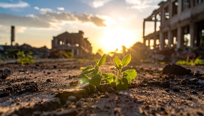 Resilience - A Seedlings Hopeful Sprout Amidst Ruins at Sunset.