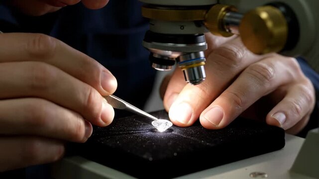Diamond Inspection Under Microscope - A close-up shot shows a person inspecting a brilliant diamond under a microscope using tweezers. The bright light illuminates the gem's facets during examination.