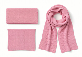 Blank pink knitted scarf folded and unfolded mockup set, isolated, 3d rendering. Empty christmas apparel mock up. Clear soft handmade neckerchief template 