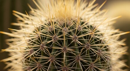 Extreme macro of a cactus with sharp golden spines. Natural texture and organic pattern for design. Concept of defense, protection, and resilience in nature. Botanical succulent detail