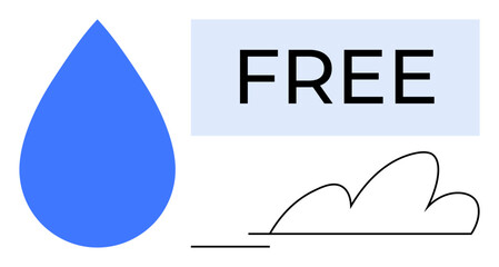Blue water drop, bold Free text in a rectangle, minimal outlined cloud. Ideal for sustainability, purity, hydration, freedom, simplicity eco-friendliness clean living. Simple flat metaphor