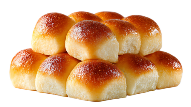 A close up view of a stack of freshly baked golden brown dinner rolls on a black background plain view