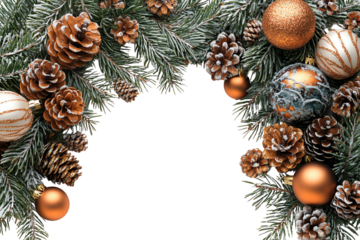 Festive pine branches adorned with shiny ornaments and pine cones on a white isolated background.