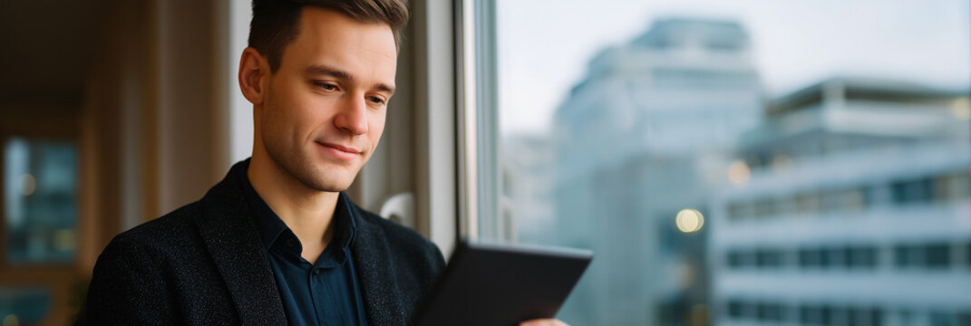 A focused young man intently interacts with his tablet at a window, blending modern technology with a contemporary urban backdrop in a moment of productivity. - Powered by Adobe