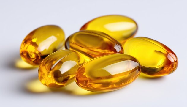 Yellow Softgel Food Supplements: Fish Oil, Omega 3, 6, 9, Vitamins A, D3, E, Evening Primrose Oil, Borage Oil. White Background, Copy Space Available.