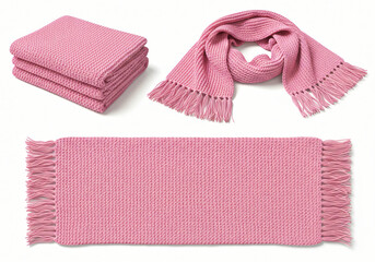 Blank pink knitted scarf folded and unfolded mockup set, isolated, 3d rendering. Empty christmas apparel mock up. Clear soft handmade neckerchief template 