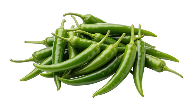 Fresh green serrano peppers piled high on a black background