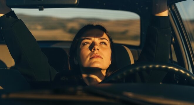 Young Caucasian female driver looking up with hope inside a car. Contemplative road trip journey at golden hour. Personal growth and self discovery concept. Lifestyle travel and freedom metaphor