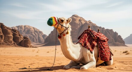 Decorated camel resting in the desert sand. Traditional saddle and colorful harness for tourist rides. Middle Eastern travel and adventure concept. Exotic animal safari in a sunny valley