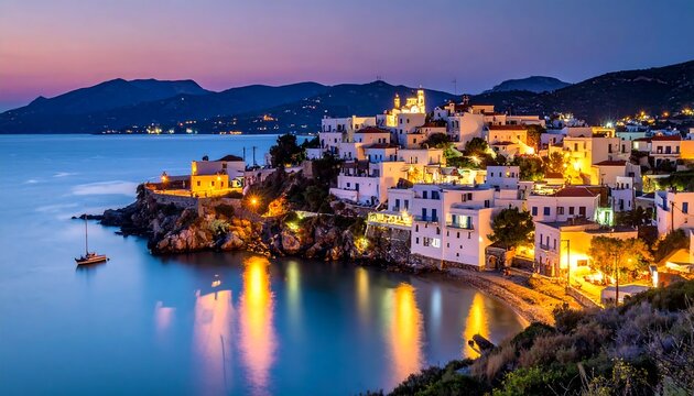 Picturesque Coastal Village at Dusk - A Mediterranean Dreamscape. - Powered by Adobe