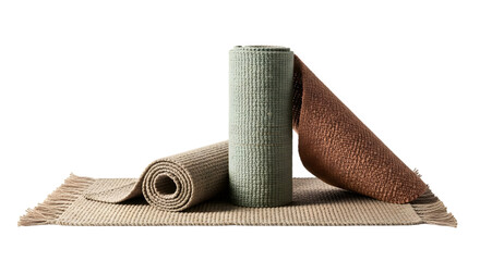 Rolled rugs in various colors and textures isolated on transparent background