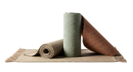 Rolled rugs in various colors and textures isolated on transparent background
