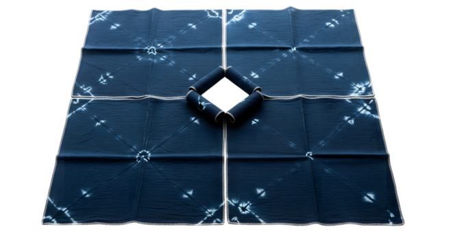 Blue patterned fabric with rolled textile isolated on transparent background