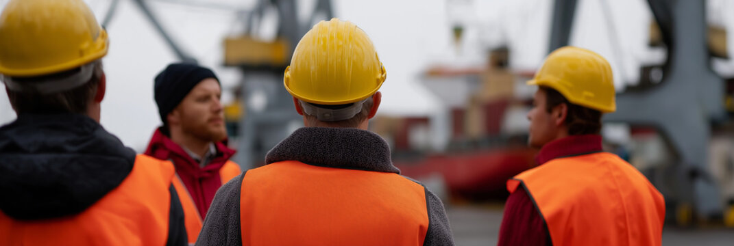 A group of industrial workers wearing safety helmets and vests engaged in a serious discussion, representing teamwork and collaboration in a high-stakes environment.