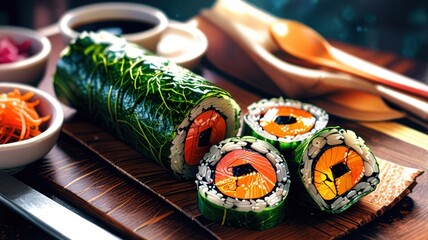Anime Korean Kimbap 김밥 Unsliced Roll Display with Cartoon Salmon and Pickled Radish