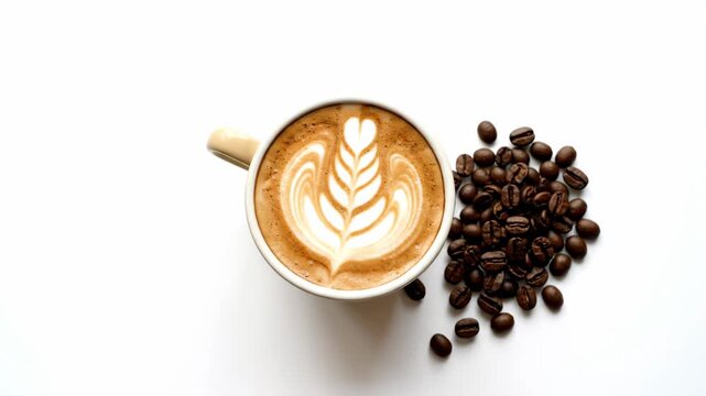 Latte Art and Coffee Beans - A high-angle shot showcases a cappuccino cup with intricate latte art, complemented by a scattering of roasted coffee beans beside it.