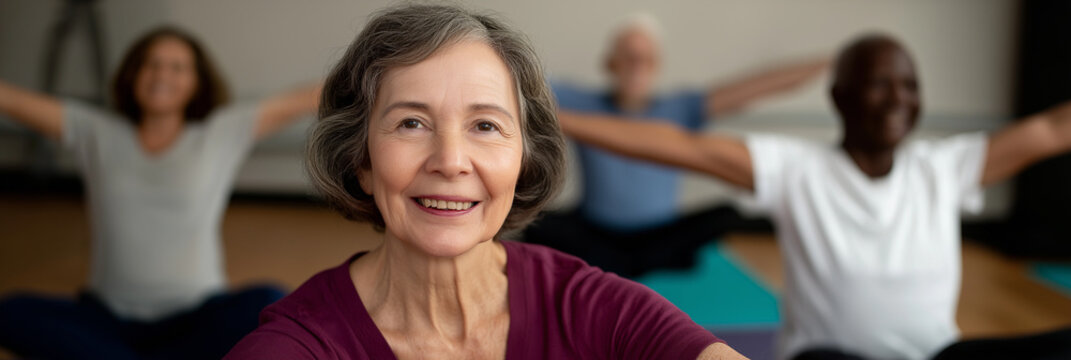 A joyful group of seniors engaging in a yoga session, promoting wellness and harmony, radiating energy, connection, and the beauty of active lifestyles through movement.