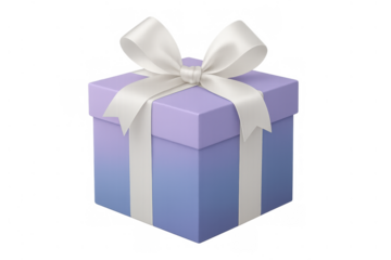 Purple and blue gift box with white ribbon and bow, symbolizing celebration, surprise, and holidays on transparent background