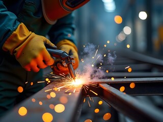 Welding metal worker creates sparks in industrial workshop