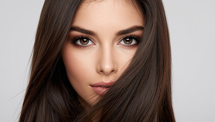 Young woman with long beautiful shiny hair and expressive eyes, close-up studio portrait
