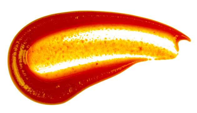 Ketchup sauce smear creating a red brush stroke texture, isolated on a white background with vivid color