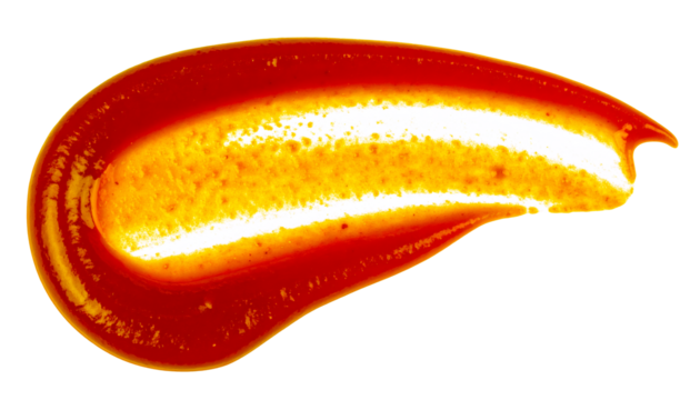 Ketchup sauce smear creating a red brush stroke texture, isolated on a white background with vivid color