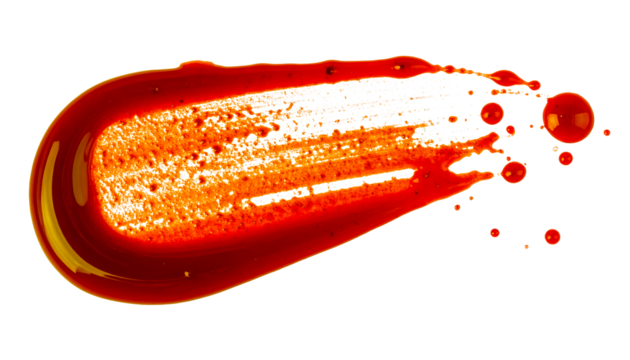 Red liquid smear creating a textured brush stroke and splattered drops, cosmetic gel or paint sample - Powered by Adobe