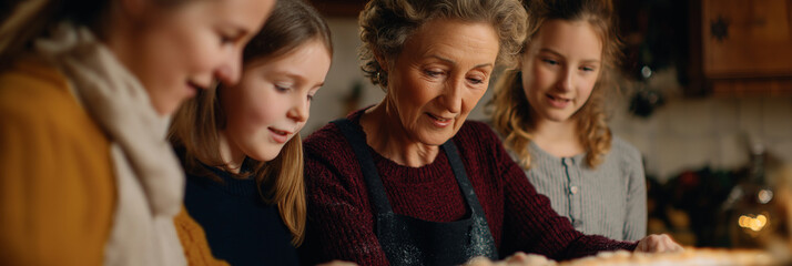 This heartwarming image depicts a grandmother surrounded by her joyful grandchildren, all engaged in baking in a cozy kitchen, capturing familial love and shared traditions.
