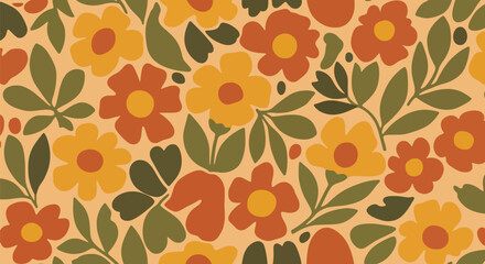 Seamless retro floral wallpaper with bold flowers and organic leaves in warm earthy tones. Flat vector shapes with solid colors and no gradients, ideal for textile prints and interior surface design