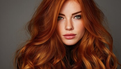 Fototapeta premium Stunning Portrait Of A Gorgeous Girl With Lustrous Long Red Hair And Festive Makeup, Boasting Waves, And Exquisite Hairdressing Skills Displayed.