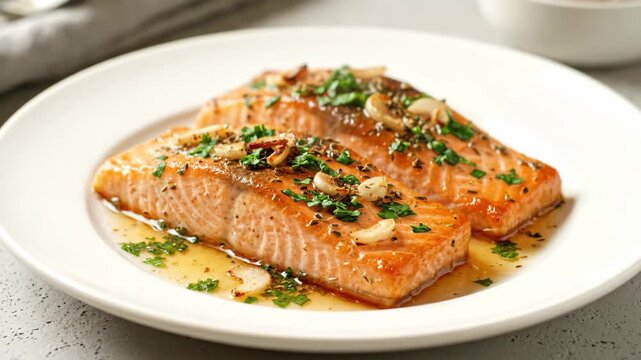 Grilled Salmon with Garlic and Herbs - This video shows two pieces of grilled salmon on a white plate, garnished with garlic and herbs.
