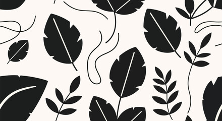 Minimal flat wallpaper featuring simplified botanical shapes and abstract curved florals in monochrome tones. Solid colors only, no gradients, seamless repeat suitable for elegant surface patterns