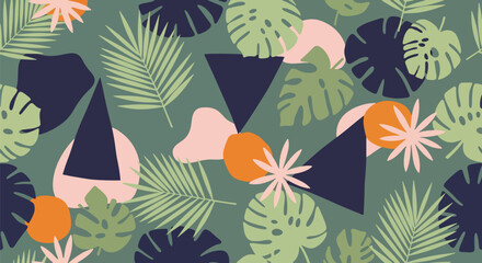 Naklejka premium Stylized monstera and palm leaf silhouettes forming a retro botanical wallpaper. Solid flat colors, no gradients, seamless pattern ideal for lifestyle packaging and interior wallcoverings