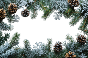 Winter pine branch frame with cones and frosted tips on a white background, perfect for seasonal designs.