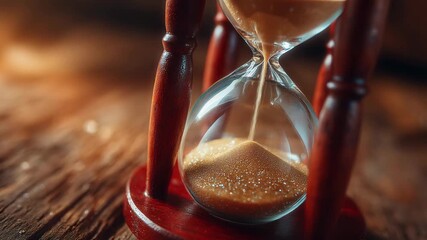 Dramatic close-up of golden sand flowing through vintage hourglass, emphasizing time passing and deadlines approaching, creating a feeling of urgency - Powered by Adobe