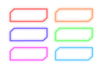 Polygonal corner line neon light text box frame, button, set of colorful shaped object elements isolated on white background