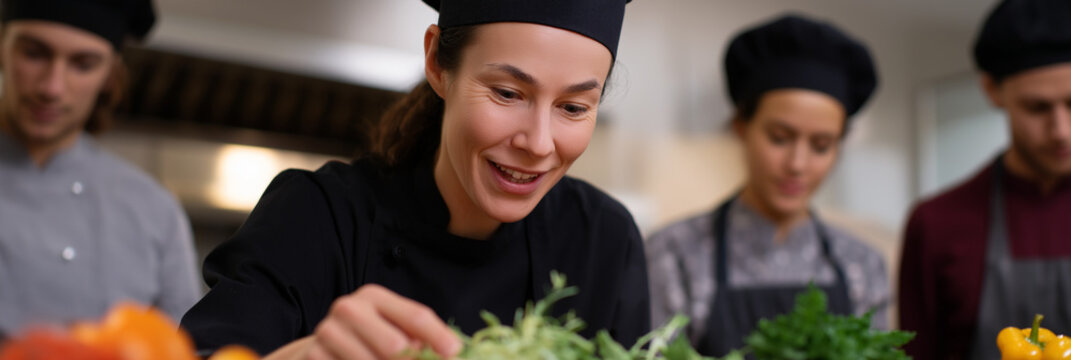 A passionate chef focuses on chopping fresh vegetables, embodying creativity and commitment to culinary excellence as the team collaborates in a vibrant kitchen atmosphere.