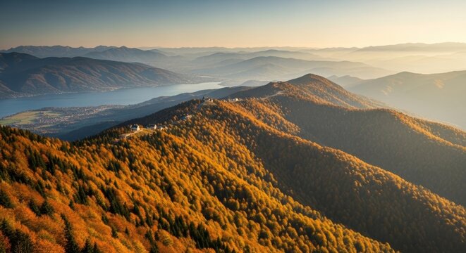 Golden autumn mountain range with a vibrant forest canopy. Aerial perspective of a scenic valley with a lake. Beautiful sunrise light over hazy hills