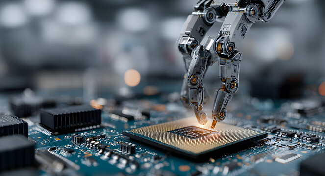 AI artificial intelligence technology concept. Machine learning, deep learning, industry 4.0 automation. Robotic arm in factory, CPU chip on circuit board. Future of manufacturing innovation.