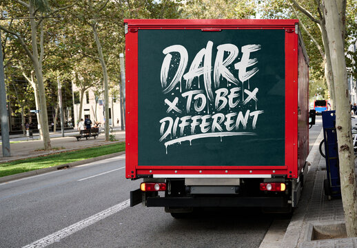 Blank Delivery Truck Parked on Urban Street Surrounded by Trees in Barcelona