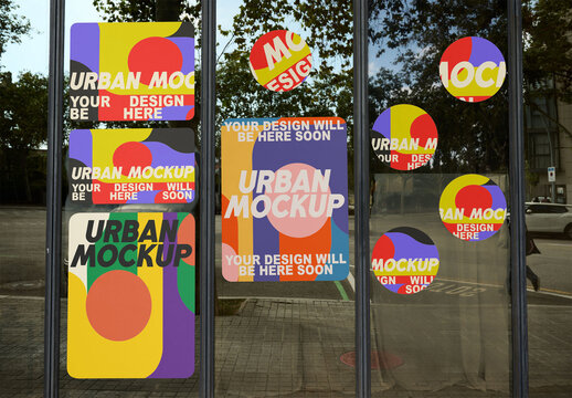 Mockup Template Showing Various promotional stickers Shapes or decals on a Barcelona Storefront Window