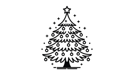 A simple elegant black and white line art silhouette of a decorated christmas tree with a star on top and sparkling lights perfect for holiday designs silhouette