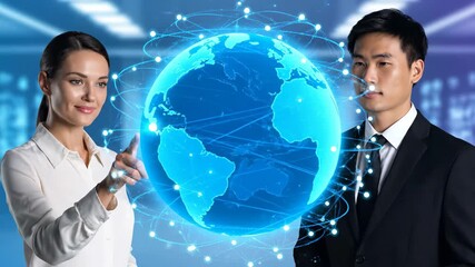 Global Business Network Concept - A diverse business team, consisting of a Caucasian woman and an Asian man, are interacting with a holographic globe display. - Powered by Adobe