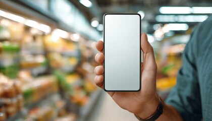 Caucasian Male Shopping In Supermarket Using Smartphone With Blank Screen Mockup For Banking, Car Wallet, And Loyalty Applications