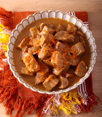 Beef with gravy in the bowl